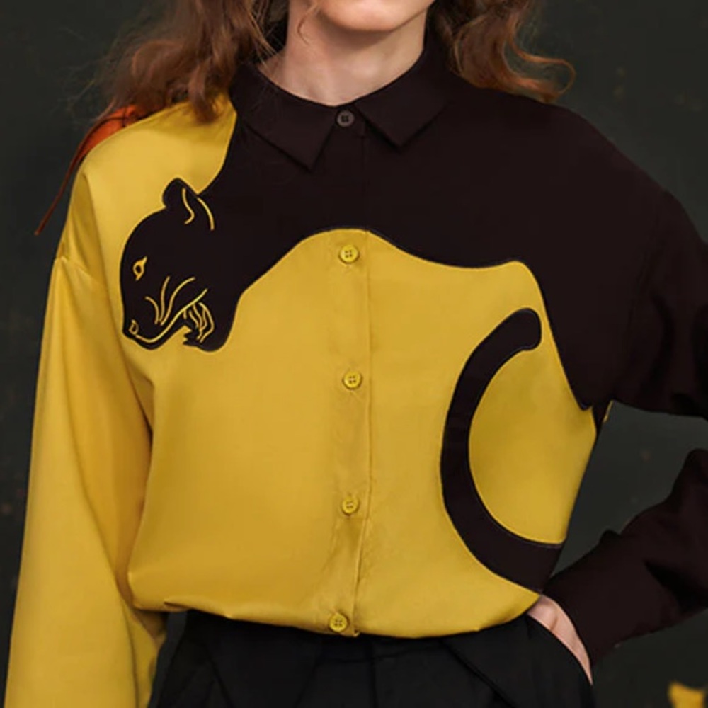 Yellow Button-Up Shirt with Black Panther Applique